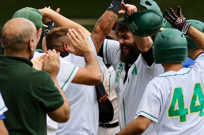 Michele Testa festeggiato dopo il fuoricampo