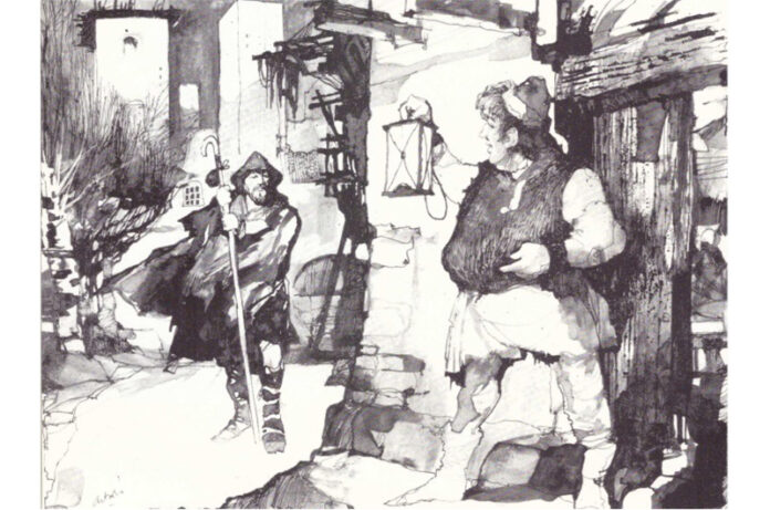 Pellegrino in arrivo in una osteria di Viterbo-disegno di Alfonso Artioli