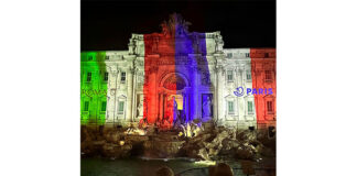 Fontana di Trevi s’illumina con le bandiere di Italia e Francia per il 70° anniversario del gemellaggio tra Roma e Parigi Fontana di Trevi s'illumina