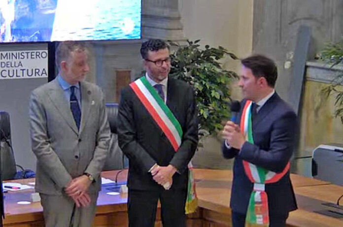 Il Ministro Giuli e i sindaci Luca Profii e Andrea Di Sorte foto courtesy Pro Loco di Bagnoregio